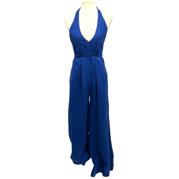 Farm Rio Blue Linen Halter Back Wide Leg Pleated Jumpsuit Women’s XS - Picture 2 of 16